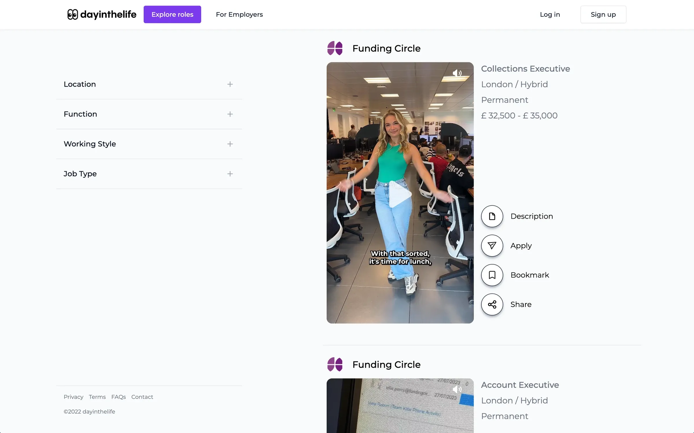 A dayinthelife job listing, with a vertical video of the role next to the salary, location and apply button.