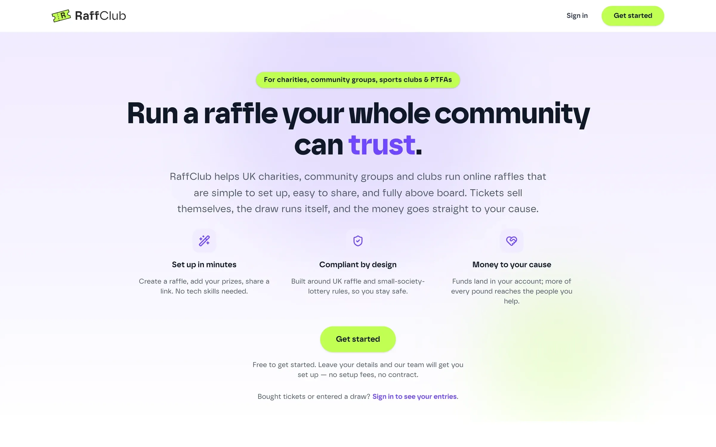 The RaffClub home page, which pitches online raffles for UK charities and community groups.