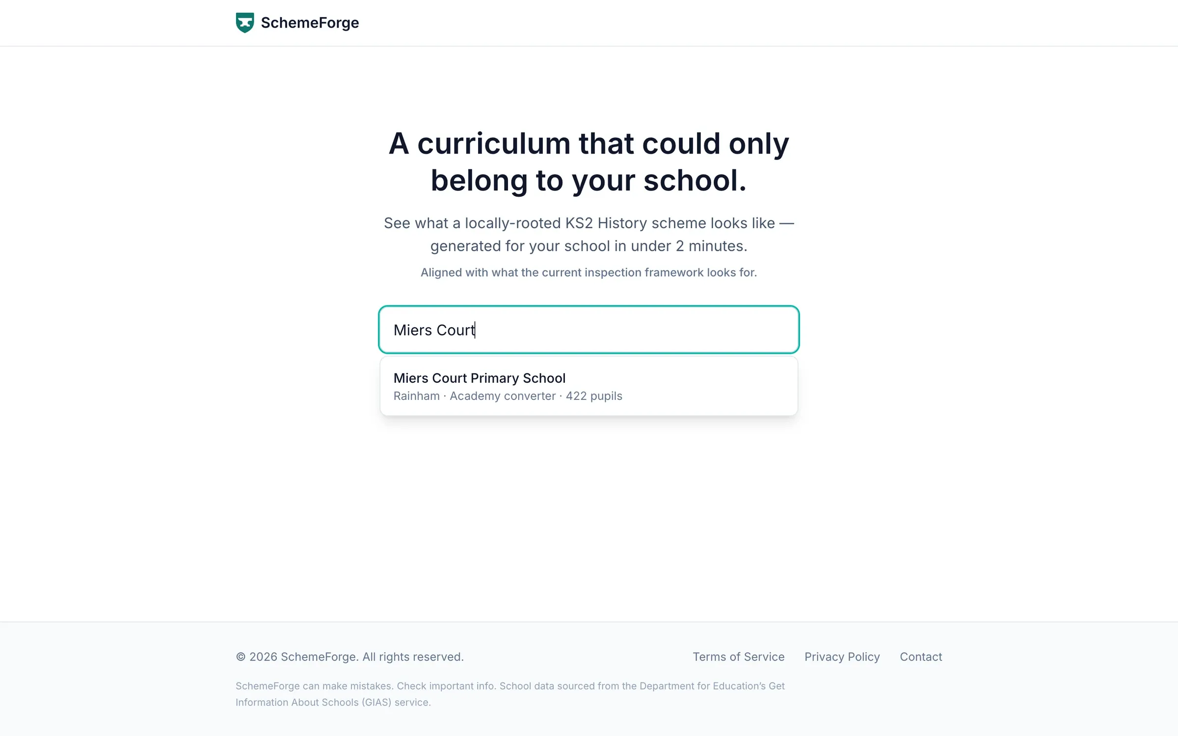 The SchemeForge home page, with a school name typed into the search and the matching school suggested below it.